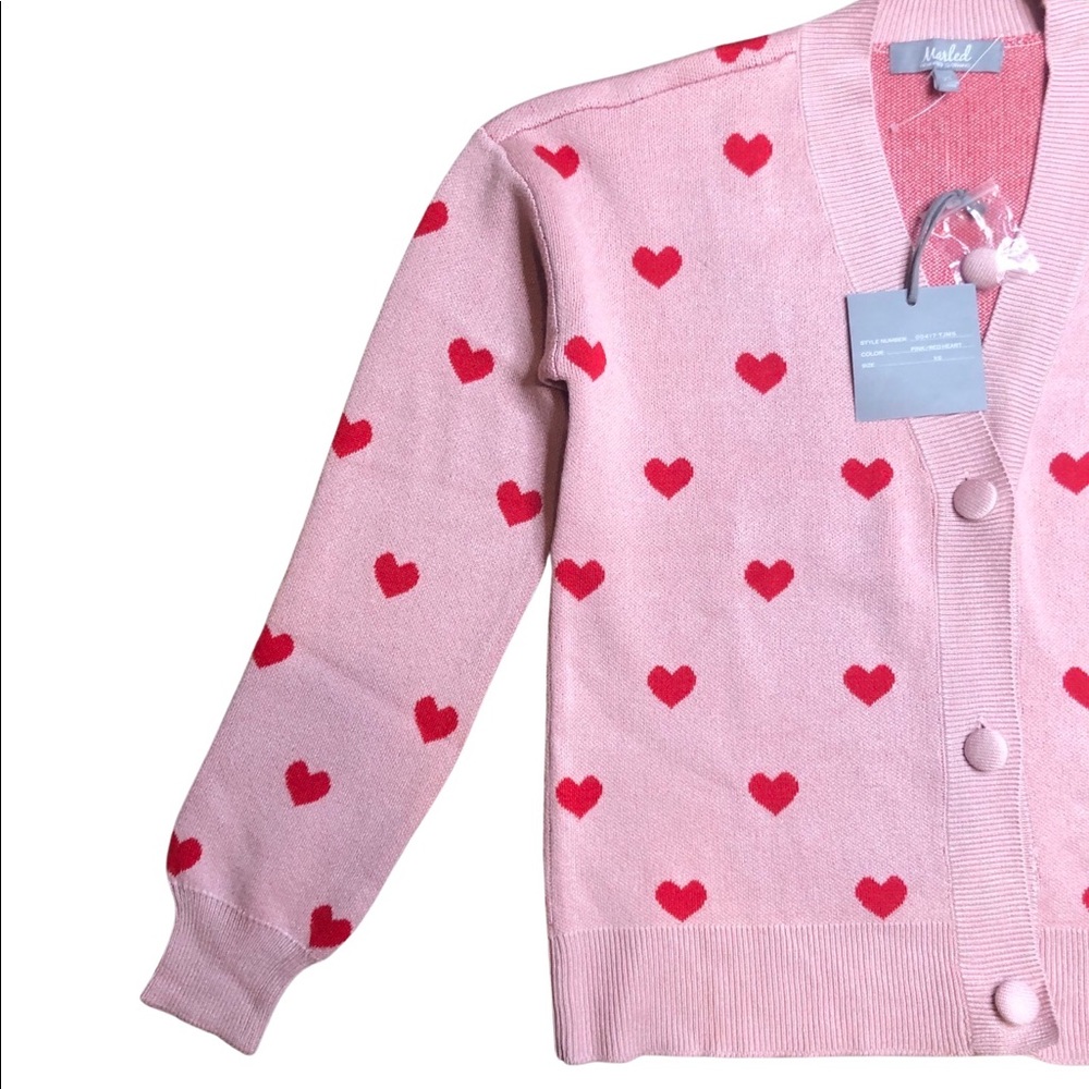 NWT Marled pink heart print v neck cardigan oversized fit - Picture 2 of 5